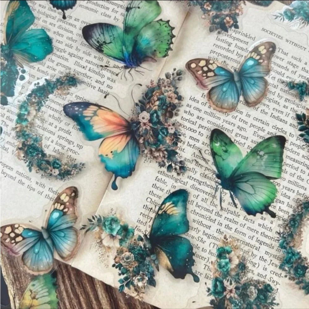 New! Blue, Green, & Teal Butterfly & Floral Moon Transparent Stickers Set of 30